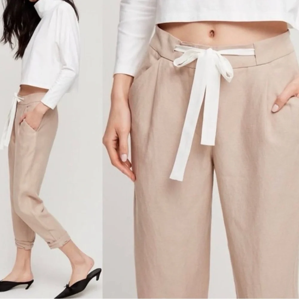 Wilfred x Aritzia Allant Cropped Rolled Hem Linen Blend Pant in Taupe, Size 2
